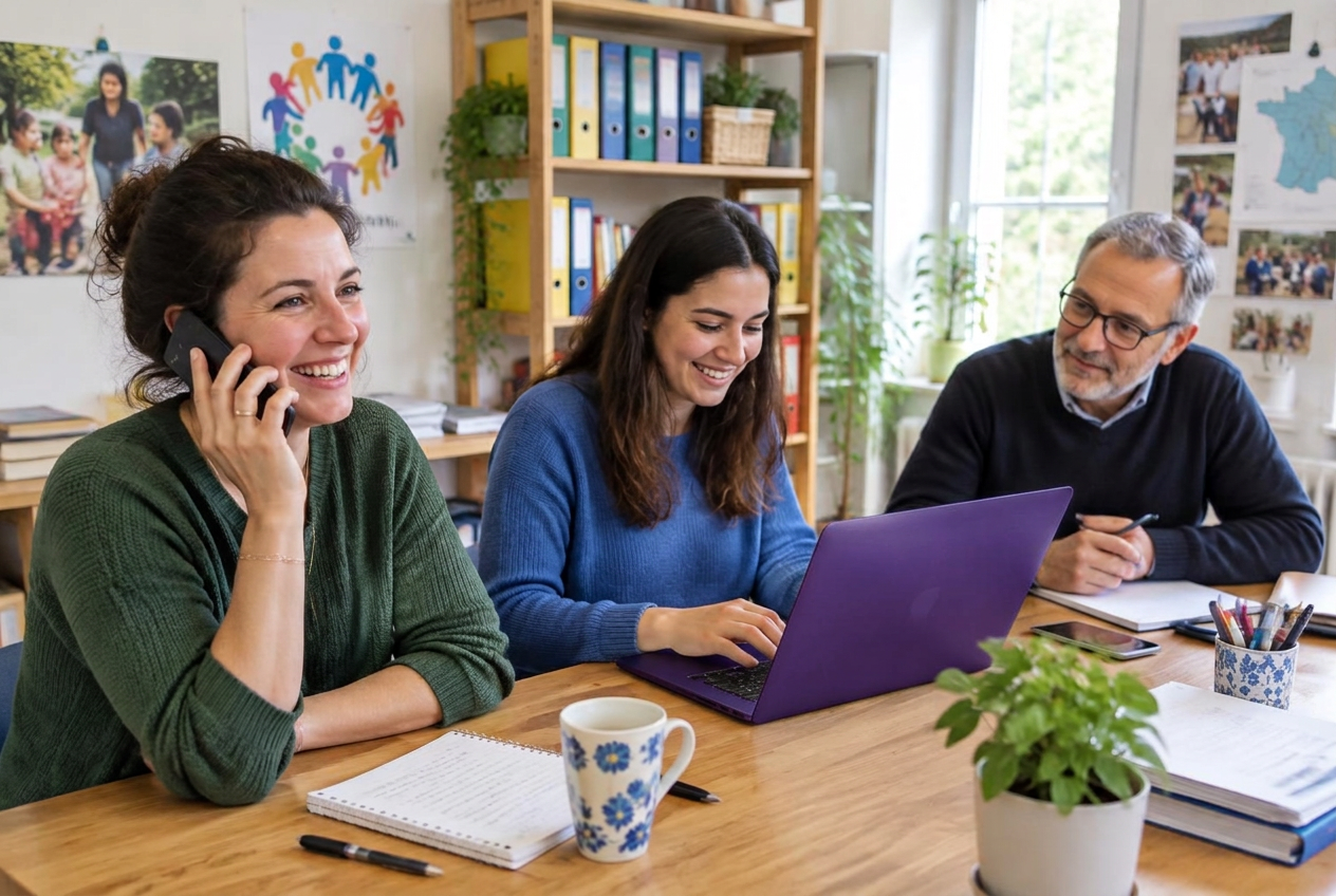Une équipe au bureau utilise le standard téléphonique Flexip depuis un smartphone et un ordinateur