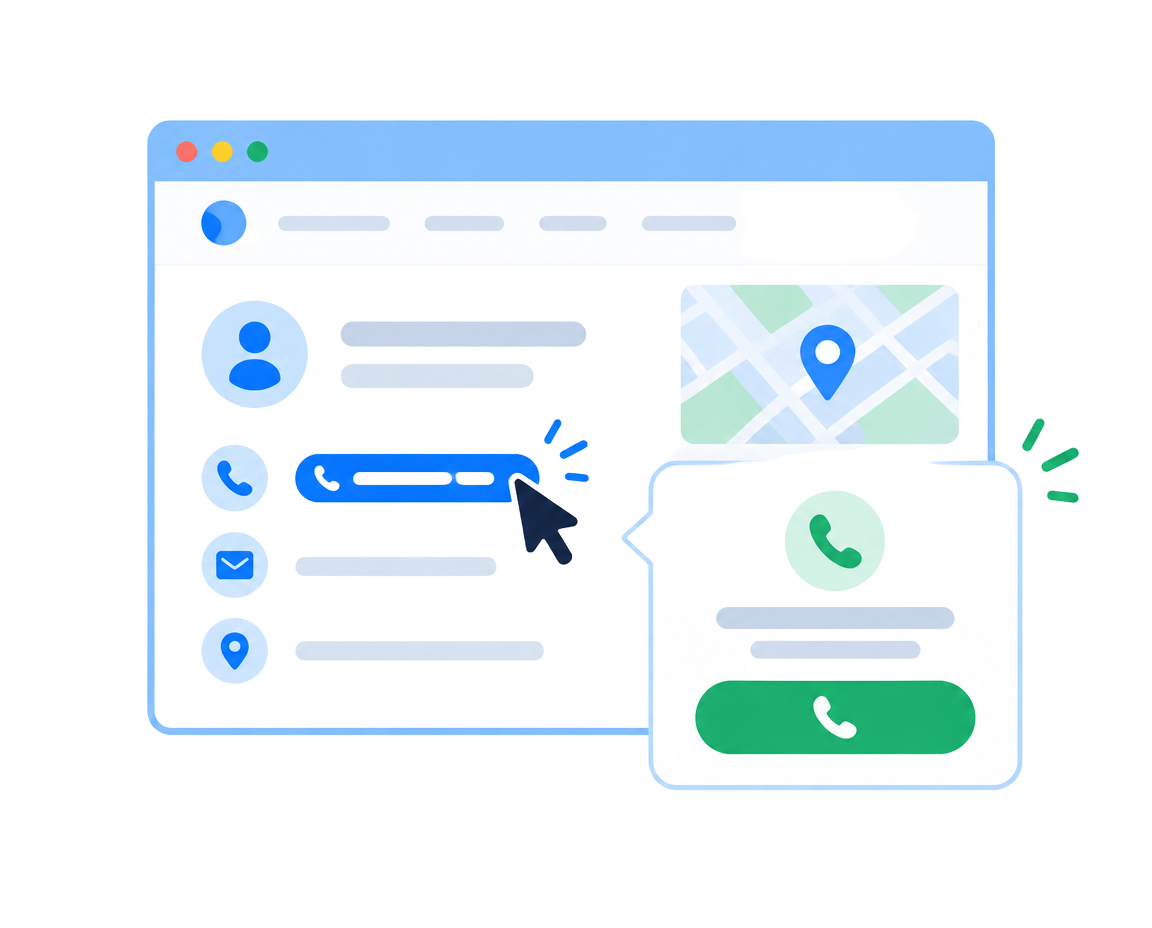 Illustration d’un numéro de téléphone cliqué sur une page web, ouvrant une fenêtre d’appel