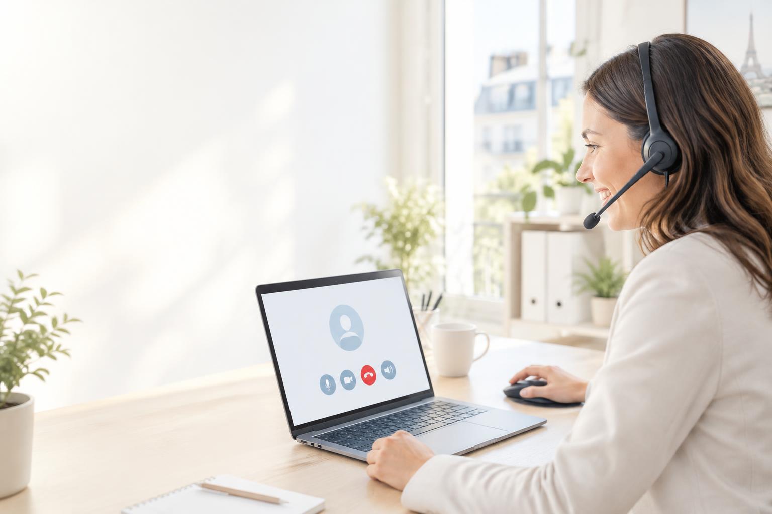 Une conseillère au casque clique sur un numéro de téléphone affiché sur son ordinateur portable