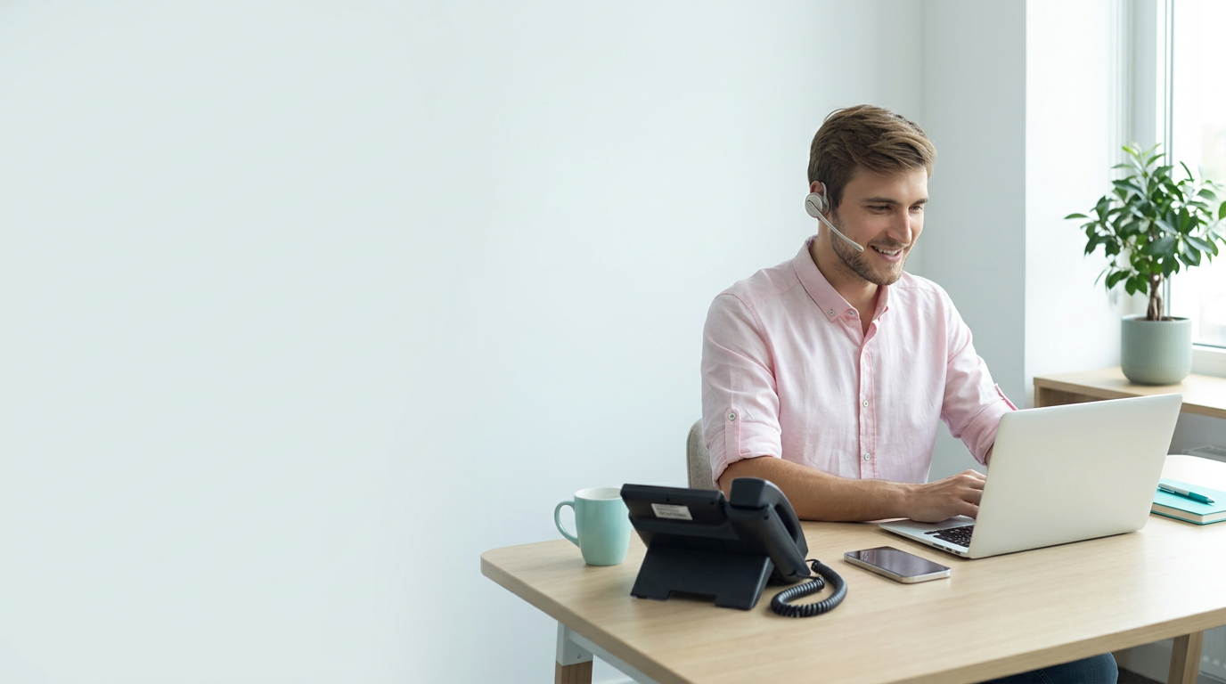 Illustration d’un professionnel équipé d’un casque, d’un téléphone fixe et d’un ordinateur dans un bureau lumineux