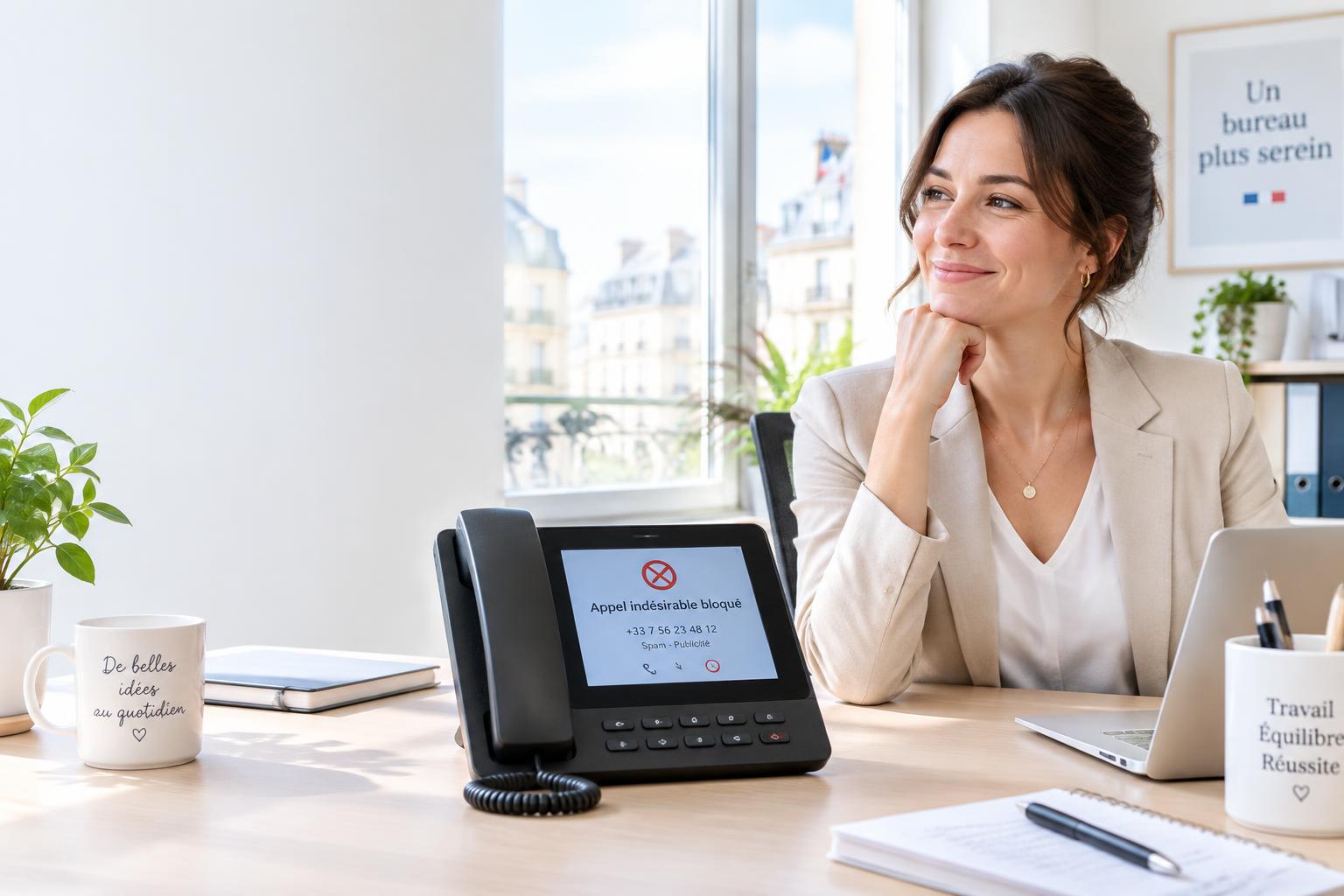 Une professionnelle souriante dans un bureau lumineux, son téléphone affichant un appel indésirable bloqué