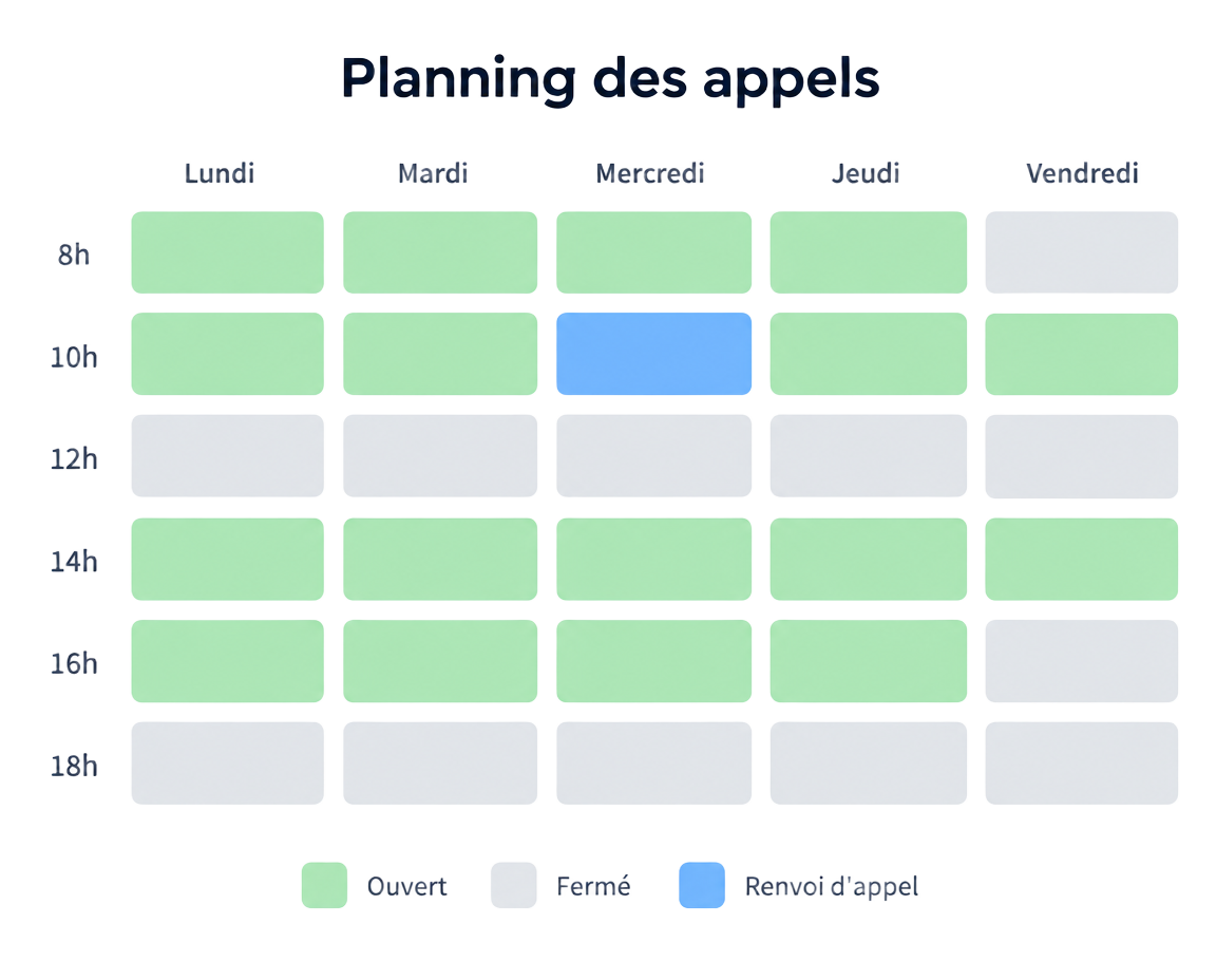 Illustration d’un planning hebdomadaire des ouvertures d’appels, du lundi au vendredi, de 8 h à 18 h