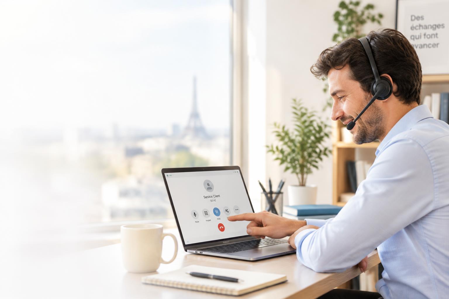 Un conseiller au casque met un appel en attente depuis son ordinateur portable