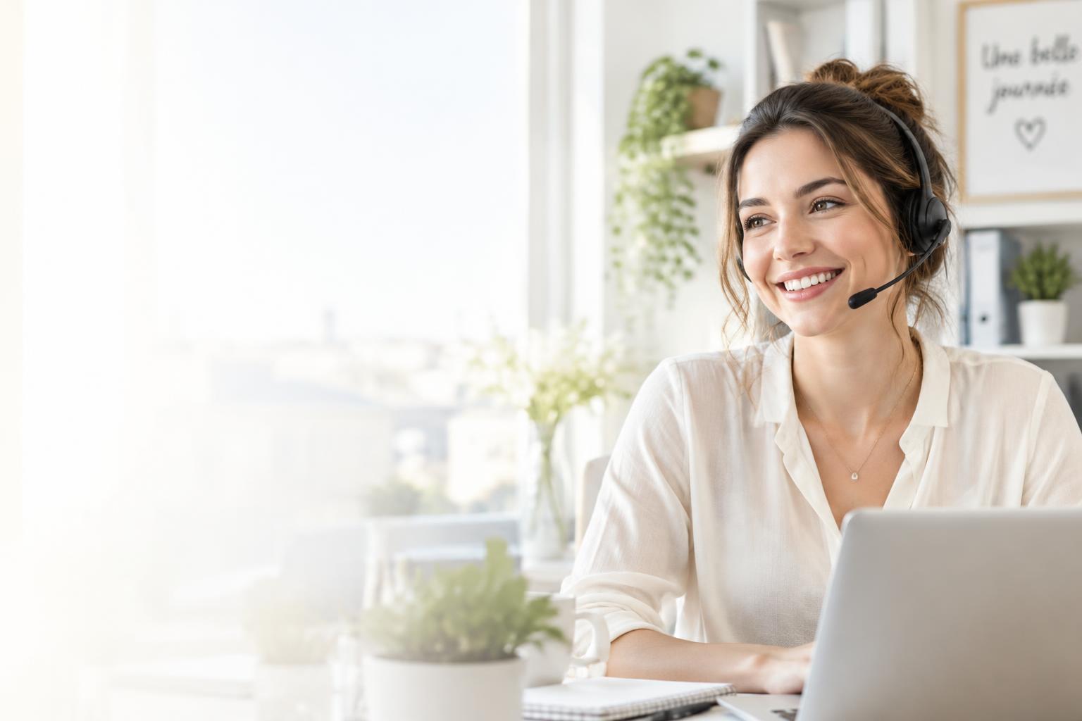 Une conseillère au casque sourit pendant qu’un client patiente avec une musique d’attente