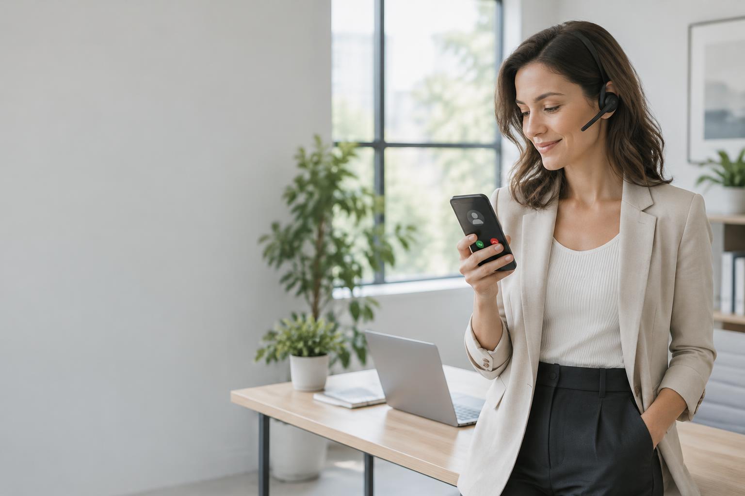 Une professionnelle avec un casque sans fil consulte un appel entrant sur son smartphone