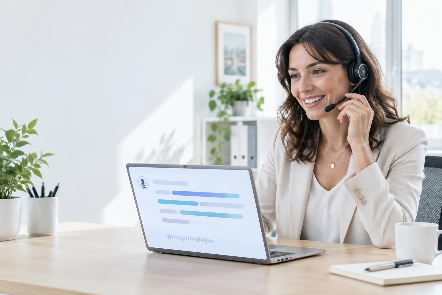Un professionnel au casque en appel, son ordinateur affichant la transcription de la conversation