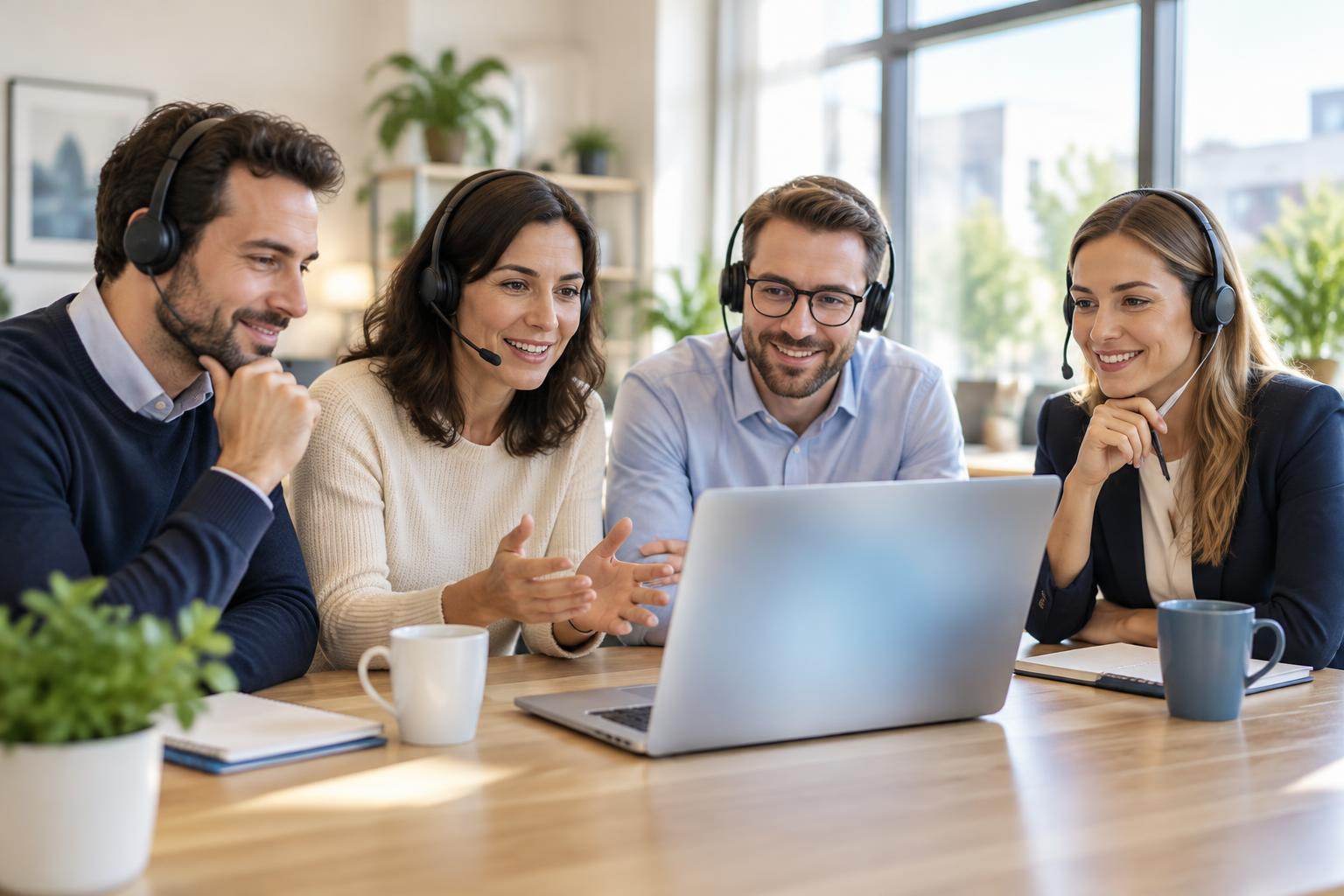 Quatre collègues en réunion, réunis autour d’un ordinateur portable avec un casque